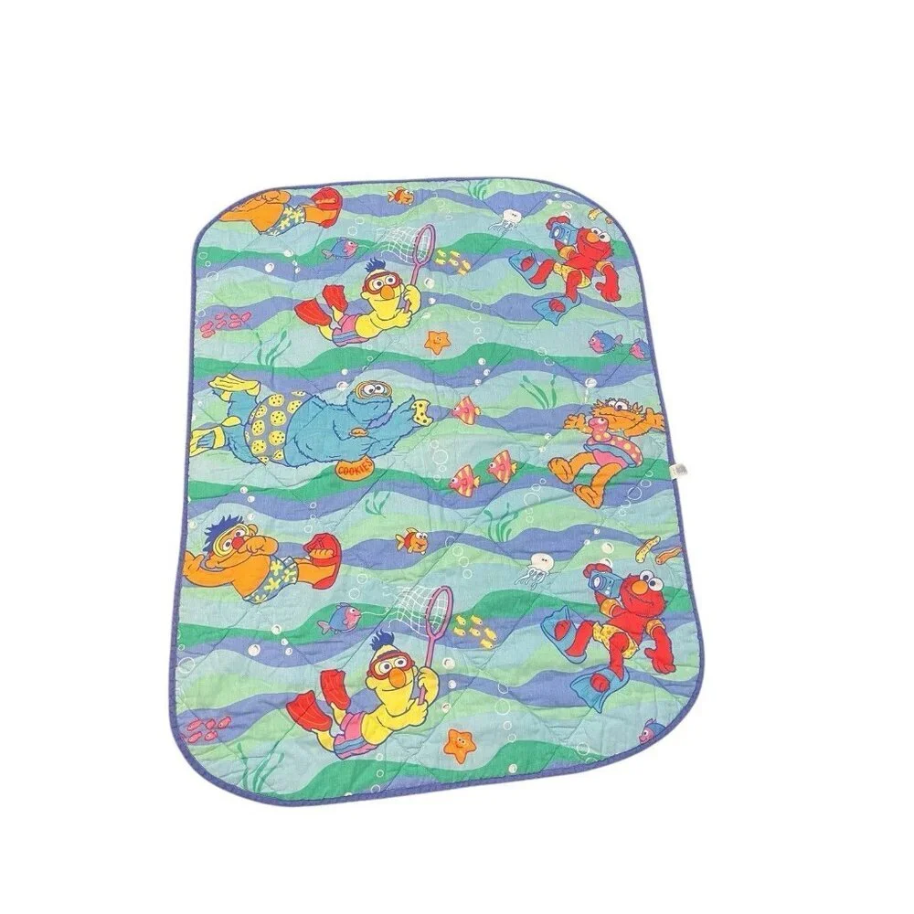 Vintage Sesame Street Quilt Baby Blanket Crib Bedding Elmo Bert Ernie Swimming